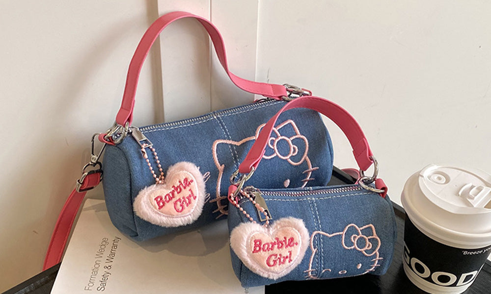 Cute Cylinder Handbag for Women Denim Bag with Top Handle