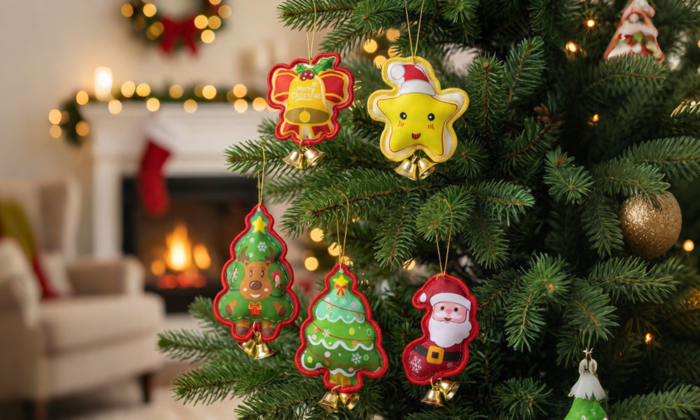 6 PCS Embroidered Padded Christmas Ornaments with Metal Jingle Bells