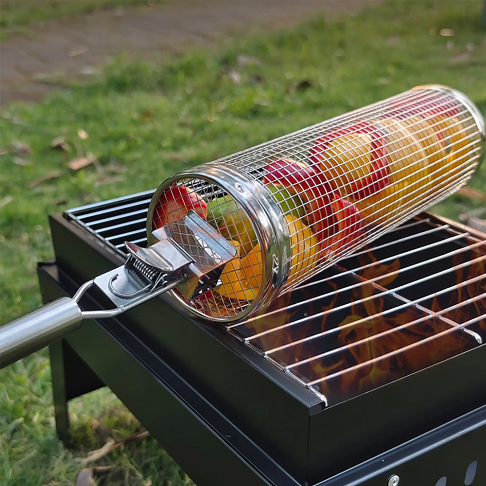 Set Of 3 Rolling Grill Basket BBQ Net Cylinder Barbecue Grilling Tube Cage