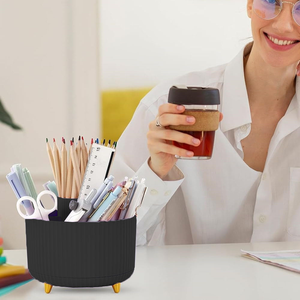 360 Degree Rotating Desk Pen Organizer with 5 Compartments Black