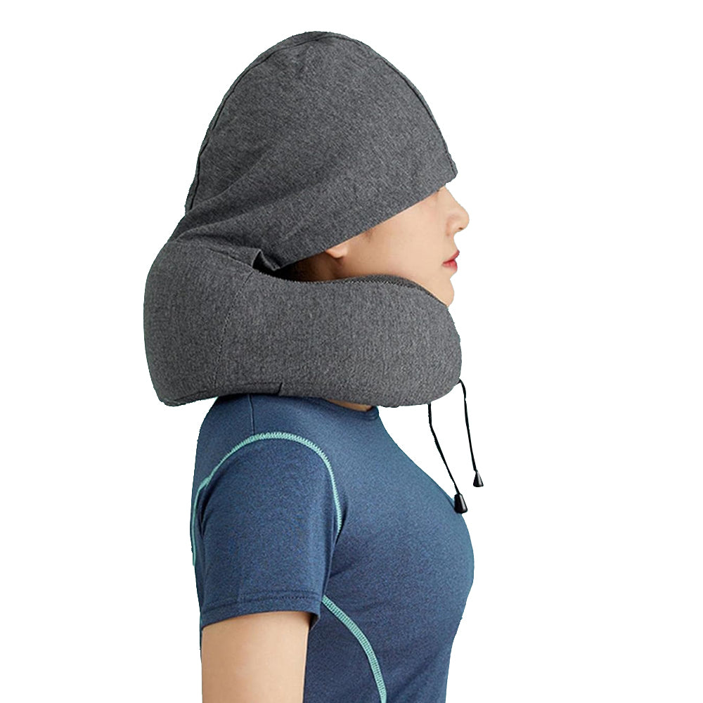 Travel Neck Pillow Hooded U Shaped Removable Neck Protection Pillow Dark Grey