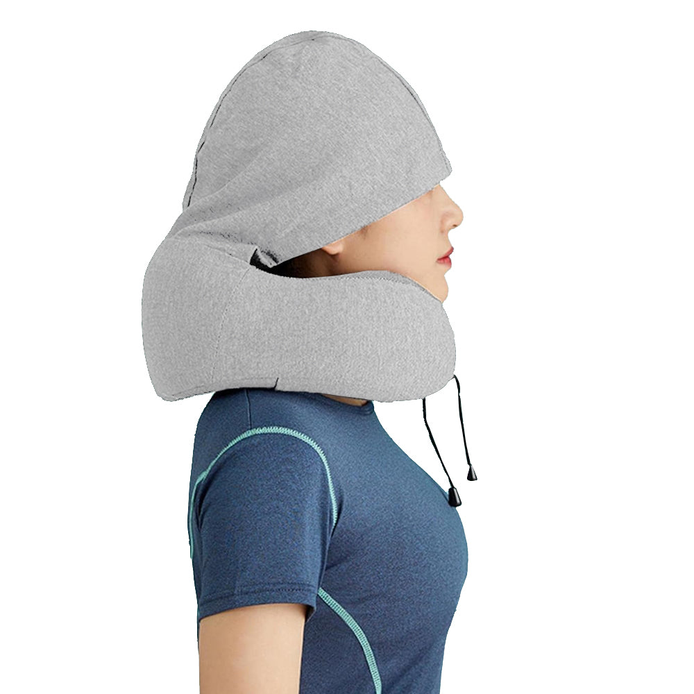 Travel Neck Pillow Hooded U Shaped Removable Neck Protection Pillow Light Grey