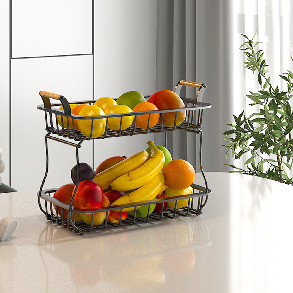 2-Tier Countertop Fruit Basket Rectangular Storage Stand for Kitchen Black