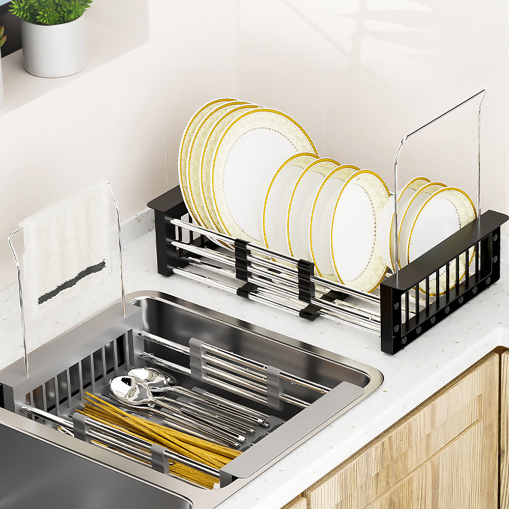 Extendable Stainless Steel Sink Strainer Drain Basket Dish Drying Rack Black