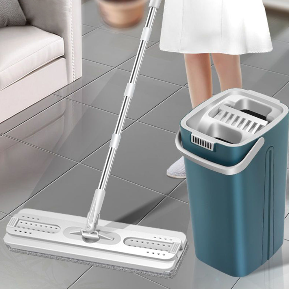 Flat Floor Mop and Bucket Set with 4 Washable Microfiber Pads Blue