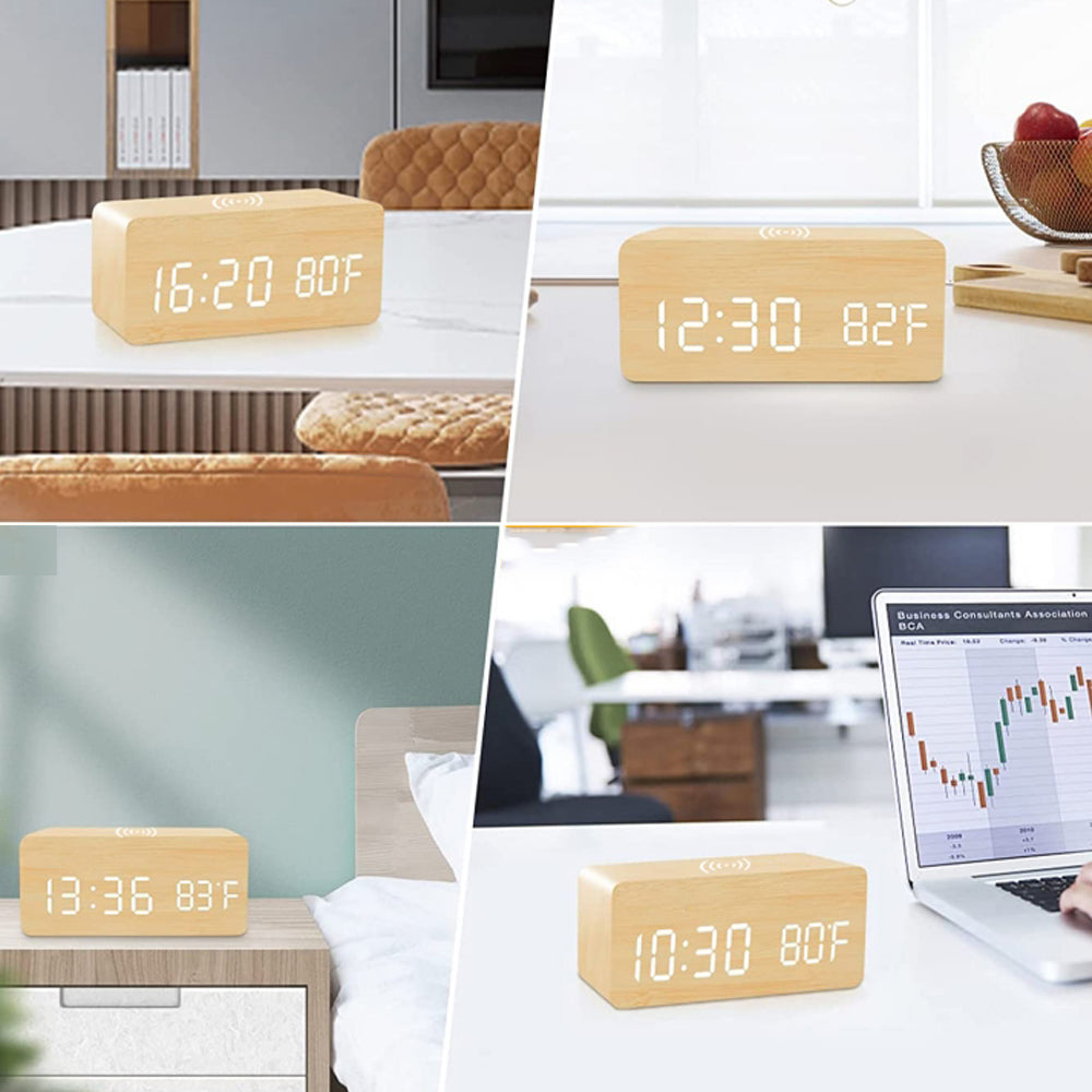 Digital Alarm Clock Wooden Temperature LED Clock with Wireless Charger Wood