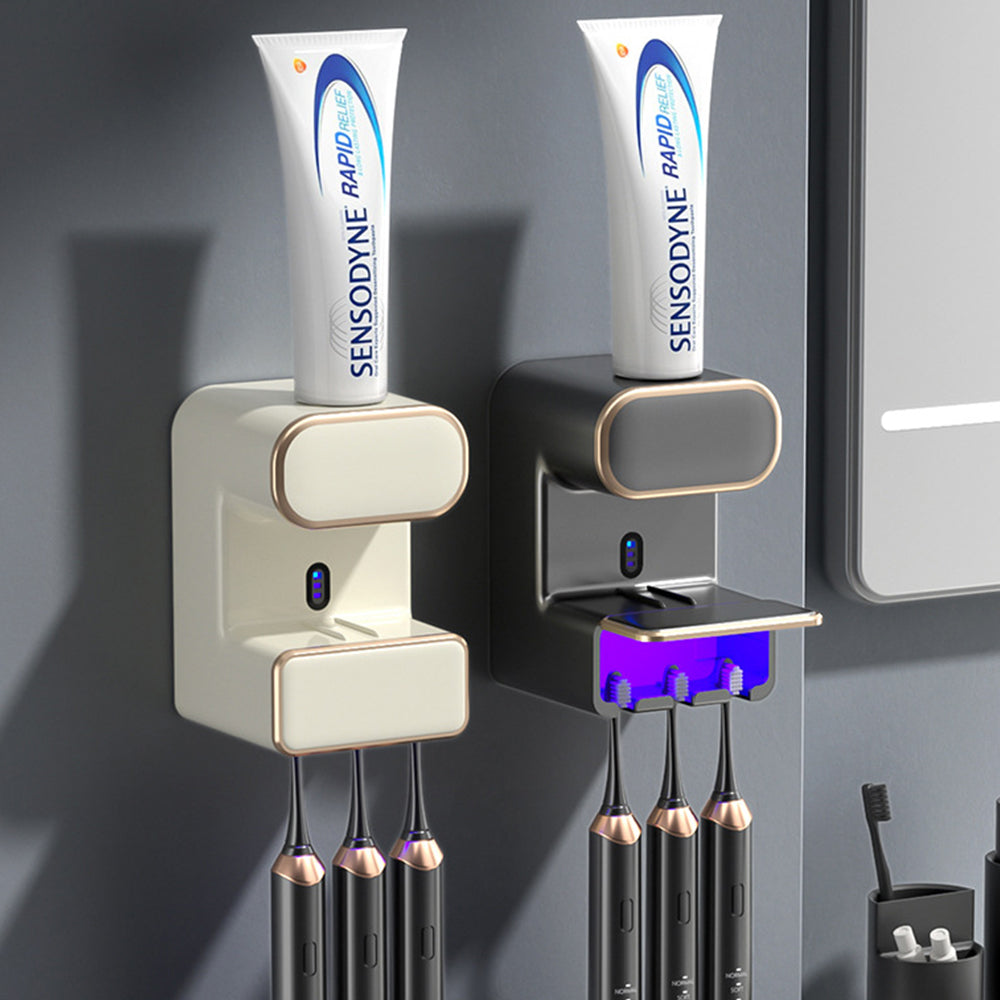 Electric Automatic Toothpaste Dispenser Wall-Mounted Toothbrush Sterilizer Beige