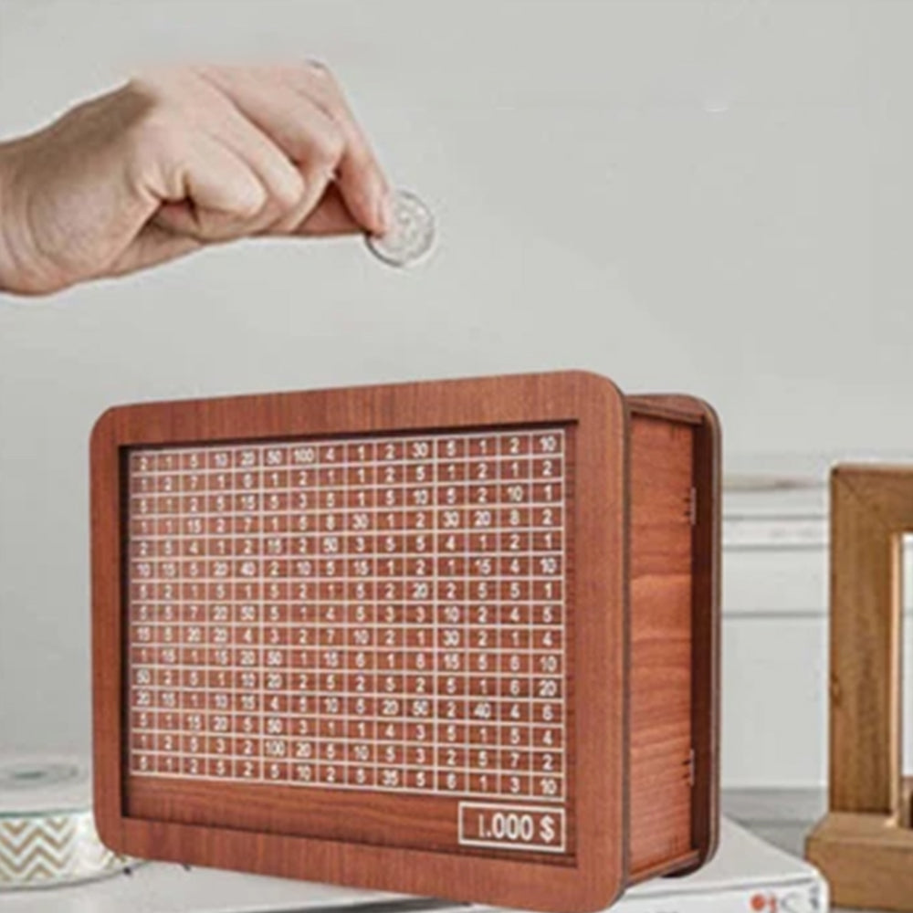 Cash Vault Wooden Saving Box for Cash with Counting Target 1,000 USD