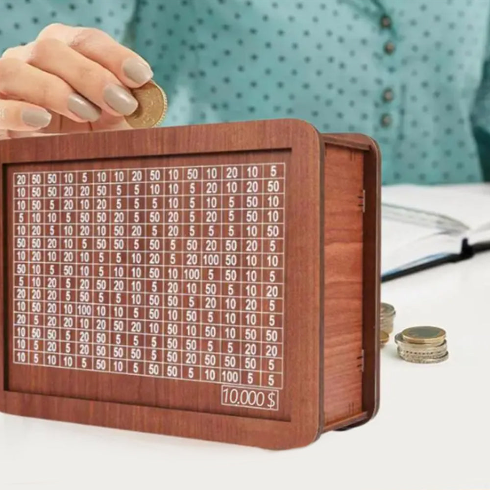Cash Vault Wooden Saving Box for Cash with Counting Target 10,000 USD