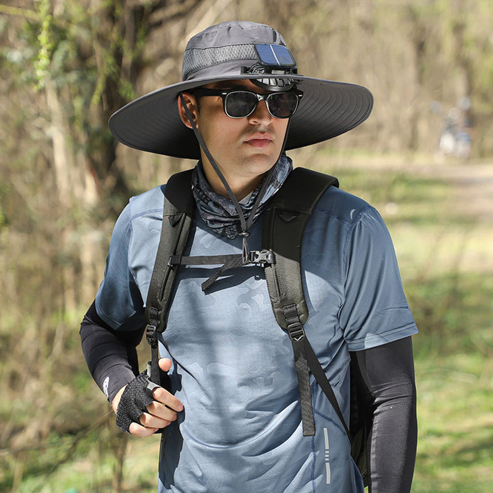 Outdoor Solar Fan Hat Wide Brim Sun Hat with Built in 2 Solar Fans Dark Grey