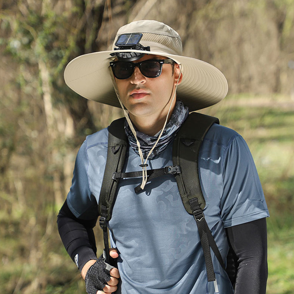Outdoor Solar Fan Hat Wide Brim Sun Hat with Built in 2 Solar Fans Khaki