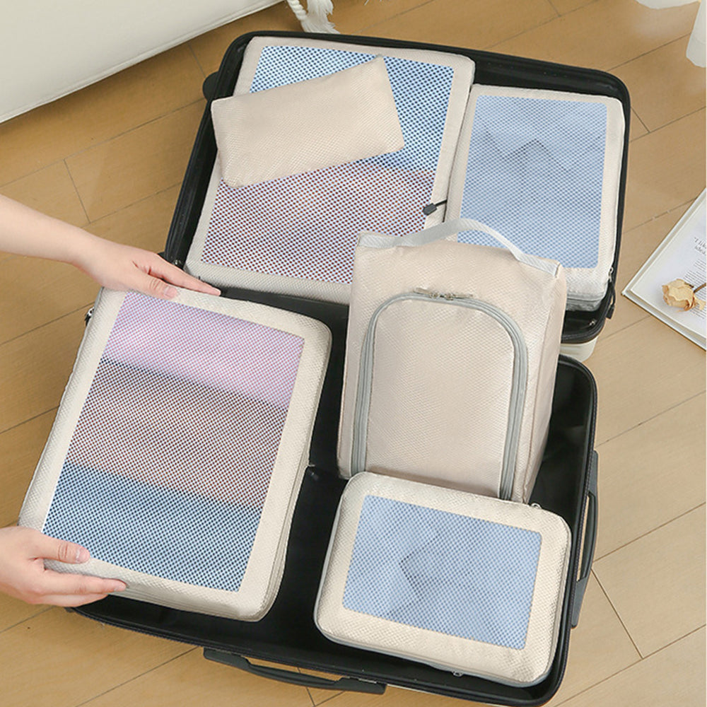 7Pcs Packing Cubes Travel Pouches Luggage Laundry Organizers Storage Bags Beige