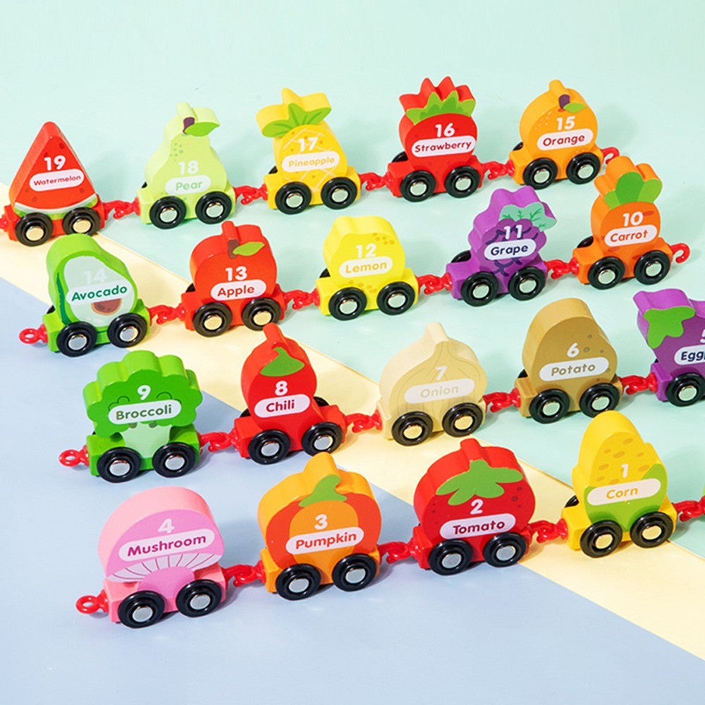 21-Piece Wooden Fruit Vegetable Train Toy Set Toddler Montessori Educational Toy