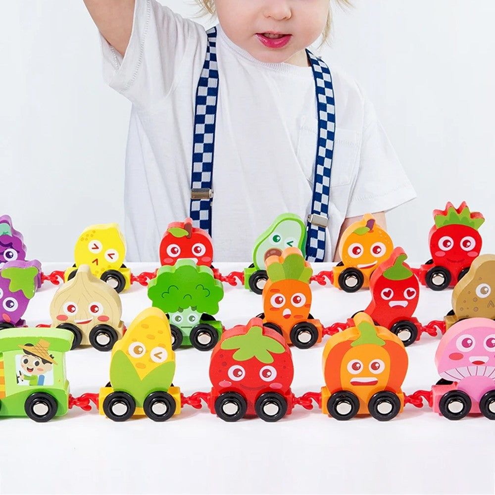 21-Piece Wooden Fruit Vegetable Train Toy Set Toddler Montessori Educational Toy