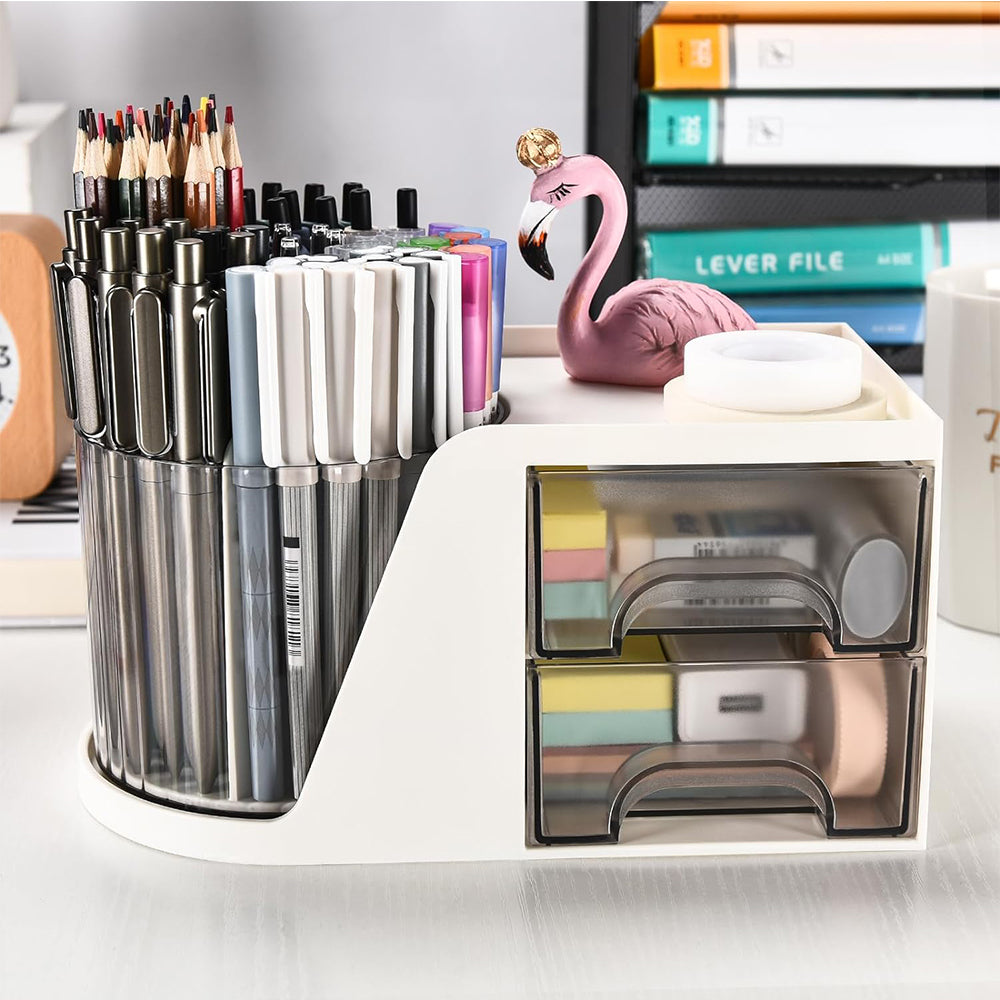 Rotating Desk Organizer with 2 Drawer Multi-Functional Pen Holder for Desk