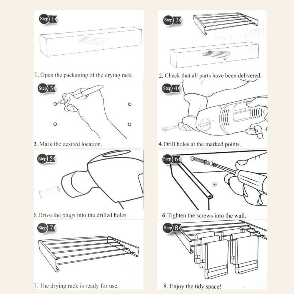 Wall Mounted Drying Rack Clothes Airer Laundry Indoor Outdoor Folding White