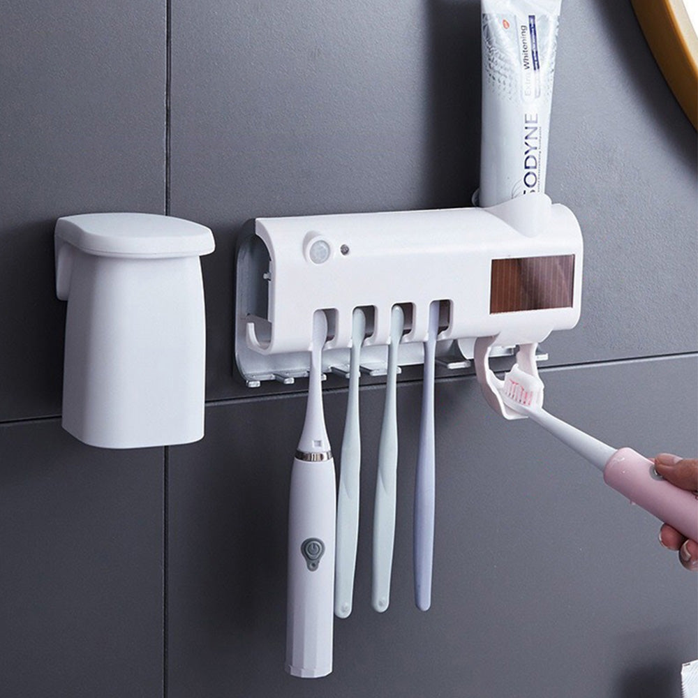 Solar Powered Automatic Toothpaste Dispenser Toothbrush Holder with UV Steriliser Squeezers