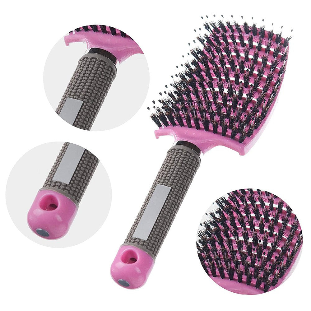 1Pc Boar Bristle Hair Brush Curved Hair Comb for Detangling Tangled Hair - Pink