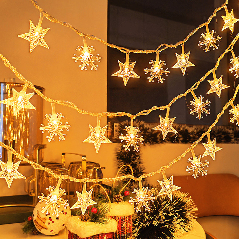 80 LEDs Star-Shaped Clear Fairy String Lights Stars Snowflakes Warm Color