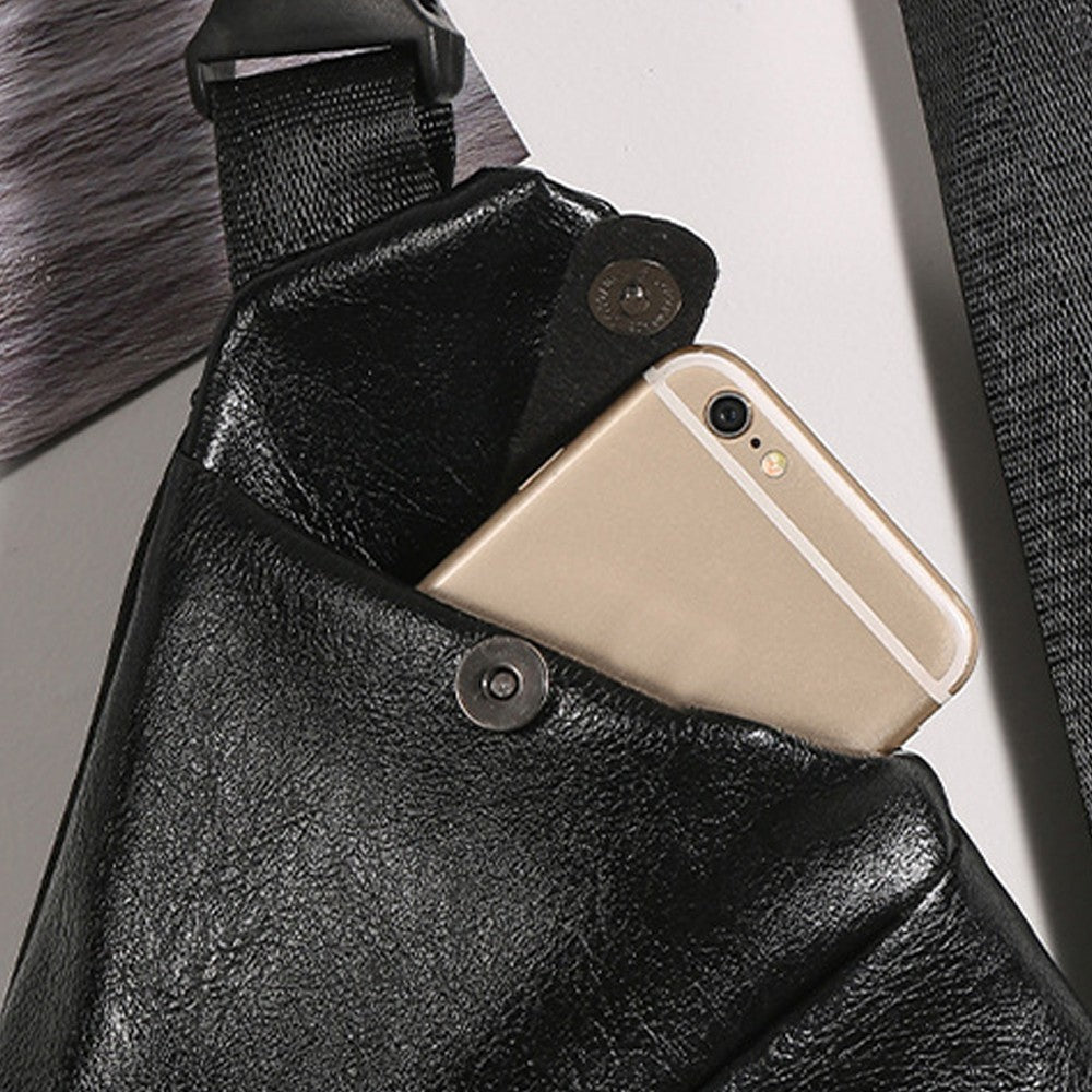 Mens Anti-theft Sling Bag Chest Bag PU Leather Shoulder Crossbody Bag - Black