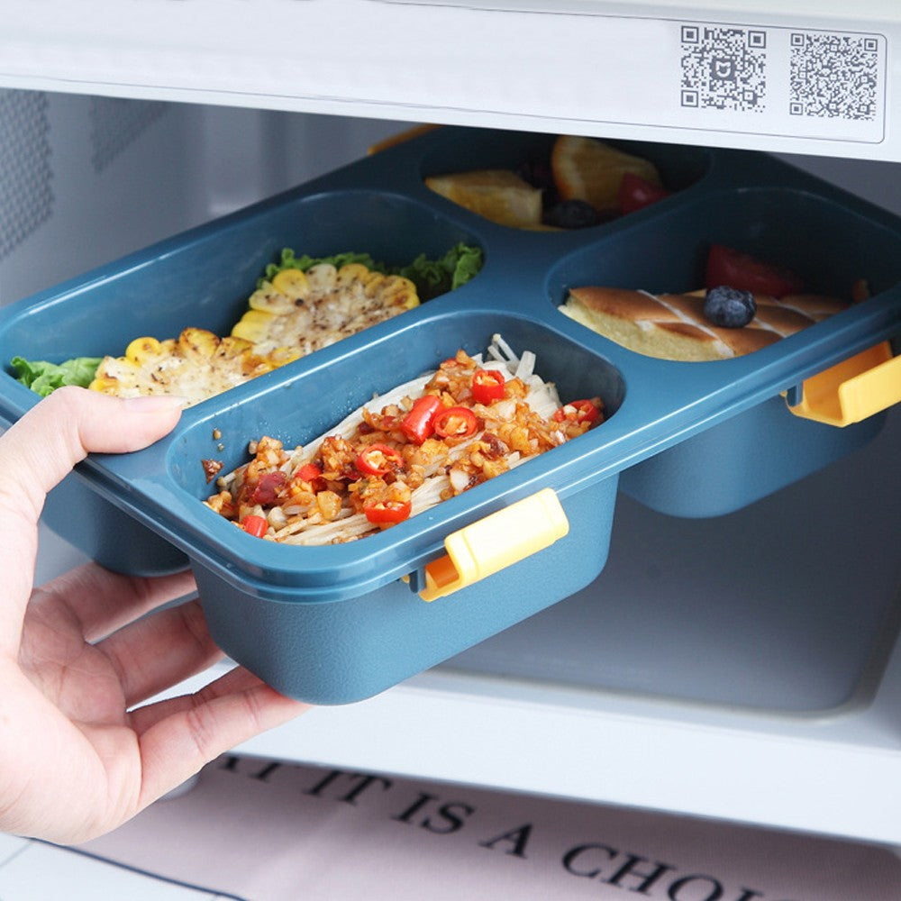 Portable 4-Compartment Microwaveable Lunch Box with Spoon and Soup Bowl - Blue