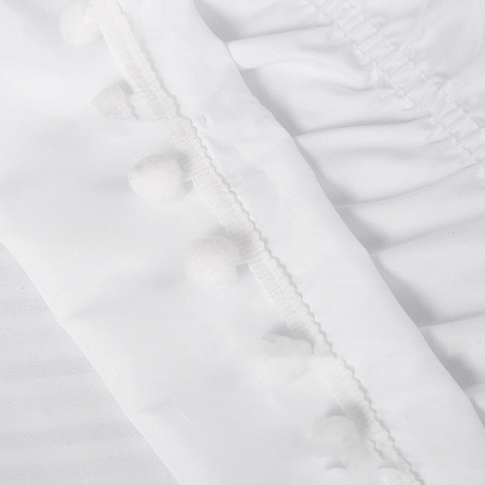 For King Bed Pompom Fringe Bed Skirt Elastic Bed Wrap Around Valance - White