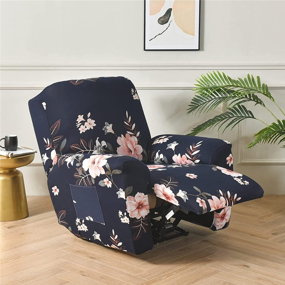Printed Recliner Chair Cover 4 Pieces Reclining Sofa Stretch Protector - Blue
