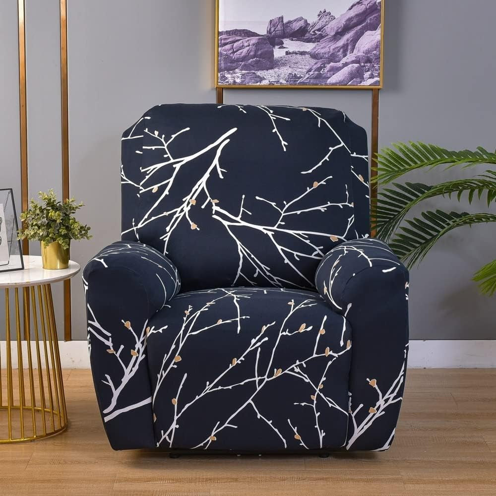 Printed Recliner Chair Cover 4 Pieces Reclining Sofa Stretch Protector - Black