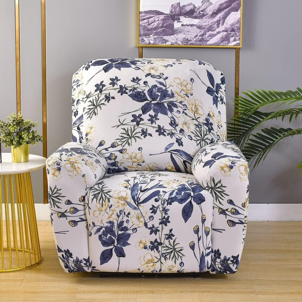Printed Recliner Chair Cover 4 Pieces Reclining Sofa Stretch Protector - White