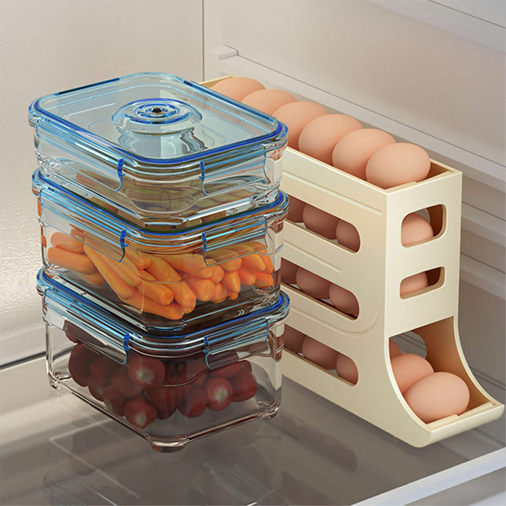 4-Tier Egg Holder Auto Rolling Egg Dispenser Rack Kitchen Egg Storage Box -Beige