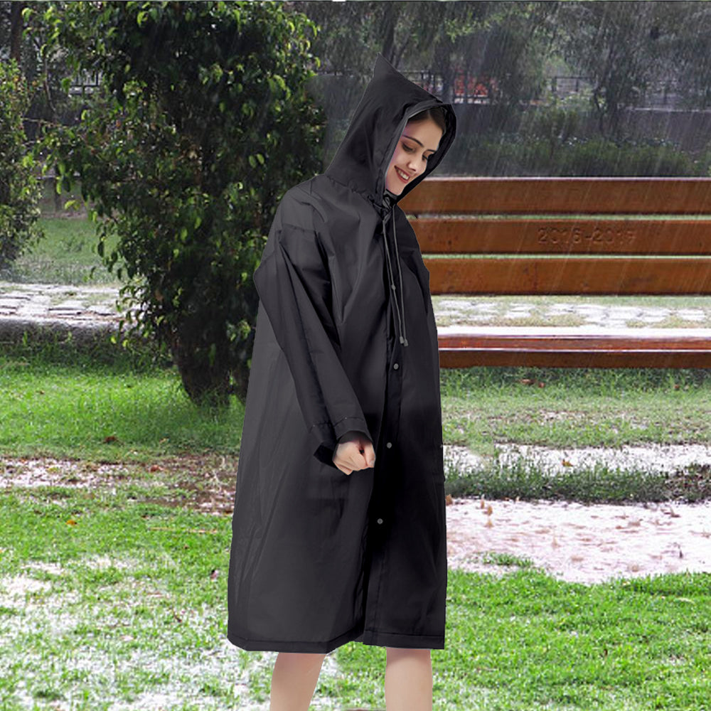 EVA Reusable Raincoat Unisex Non-Disposable Raincoat Hooded Poncho Black