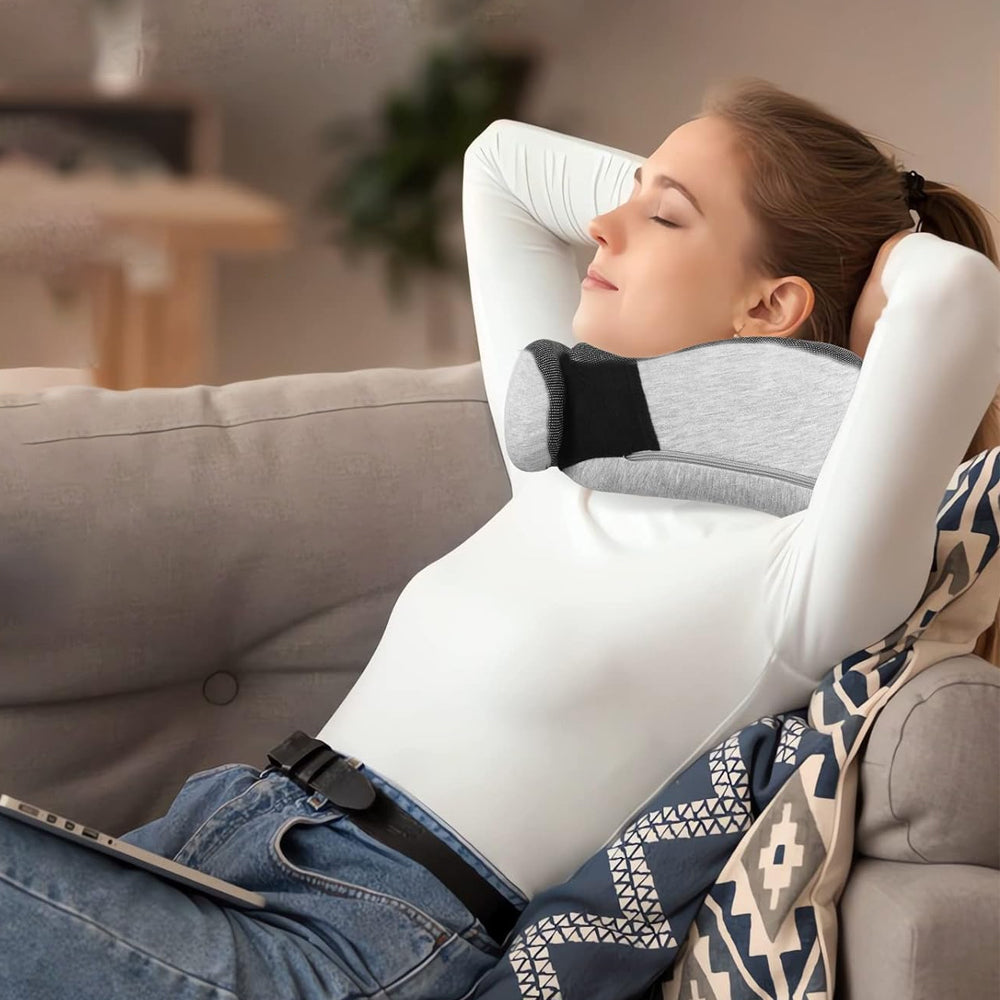 Travel Pillow Memory Foam Neck Pillow Set with Eye Mask Earplugs Light Grey