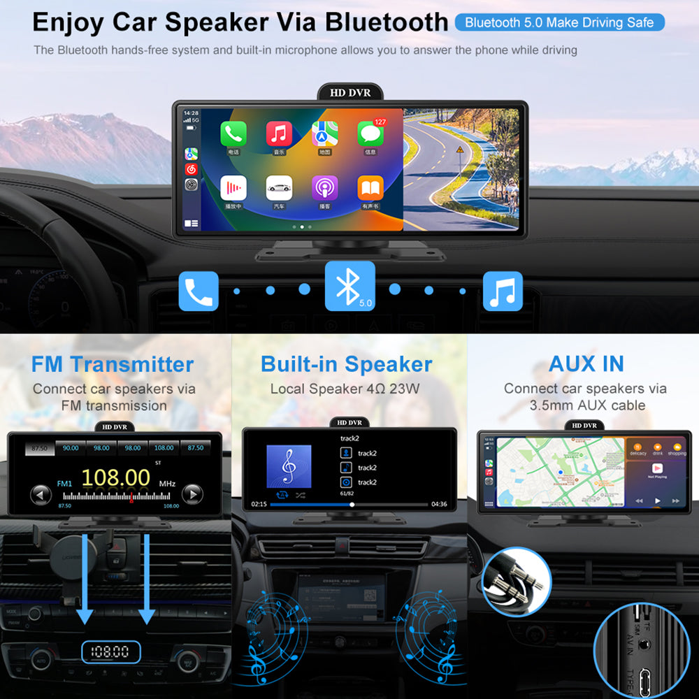 10.26 Inch 4K Portable Wireless Carplay Dual Car Recorder