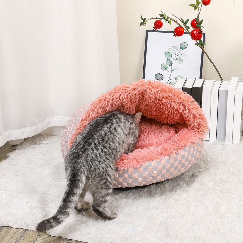 Plush Cushioned Half Closed Pet Bed Winter Pet Cave Nest Pink L
