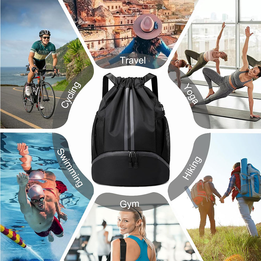 Sports Large Capacity Drawstring Backpack Dry Wet Separation Gym Bag Black