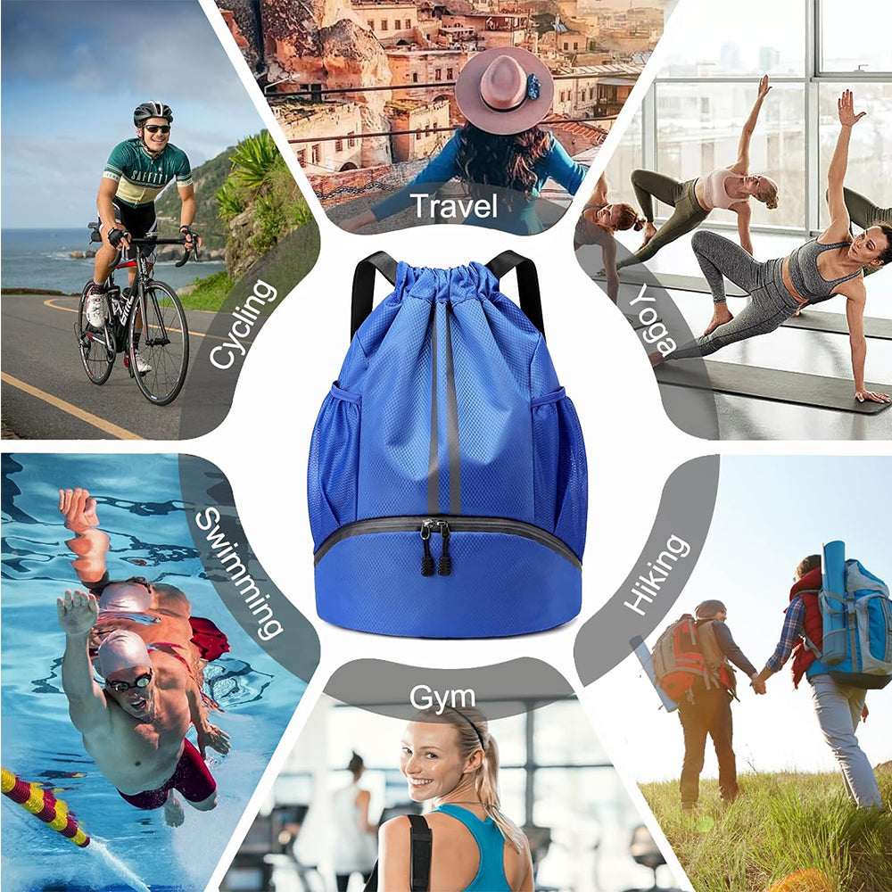 Sports Large Capacity Drawstring Backpack Dry Wet Separation Gym Bag Royal Blue