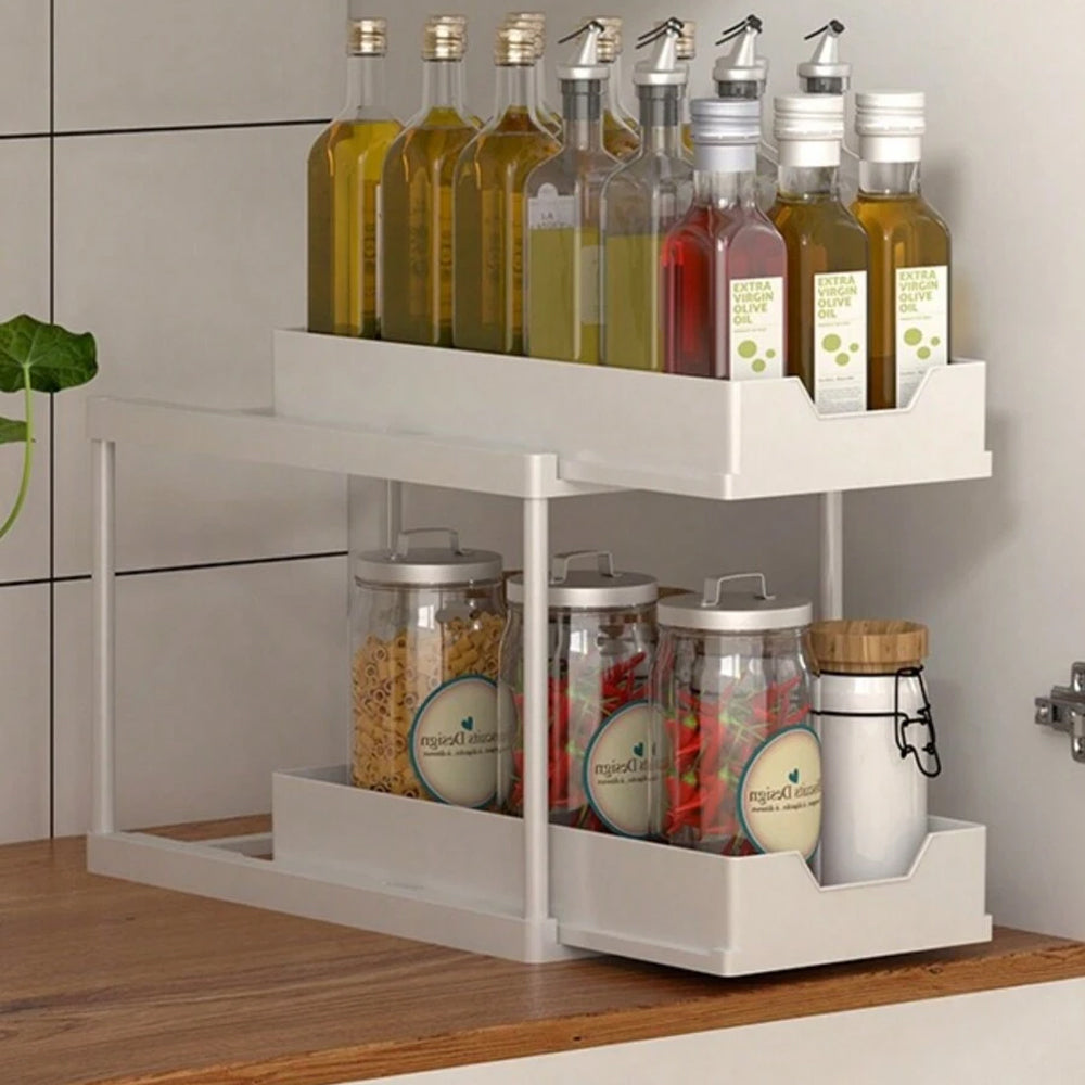 2 Tier Cabinet Shelf Organizer Double Layer Sliding Storage Rack with Hook White