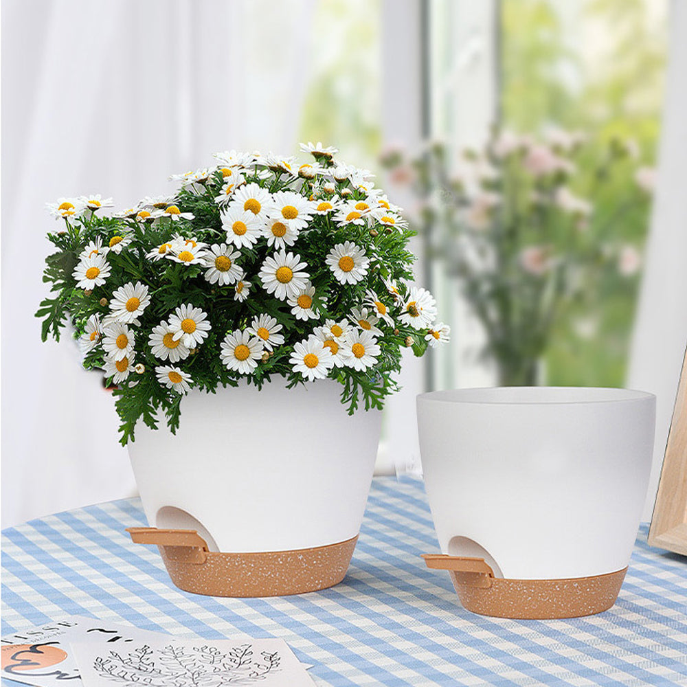 3Pcs Self Watering Planters Flower Pot with Drainage Hole Indoor Outdoor - White