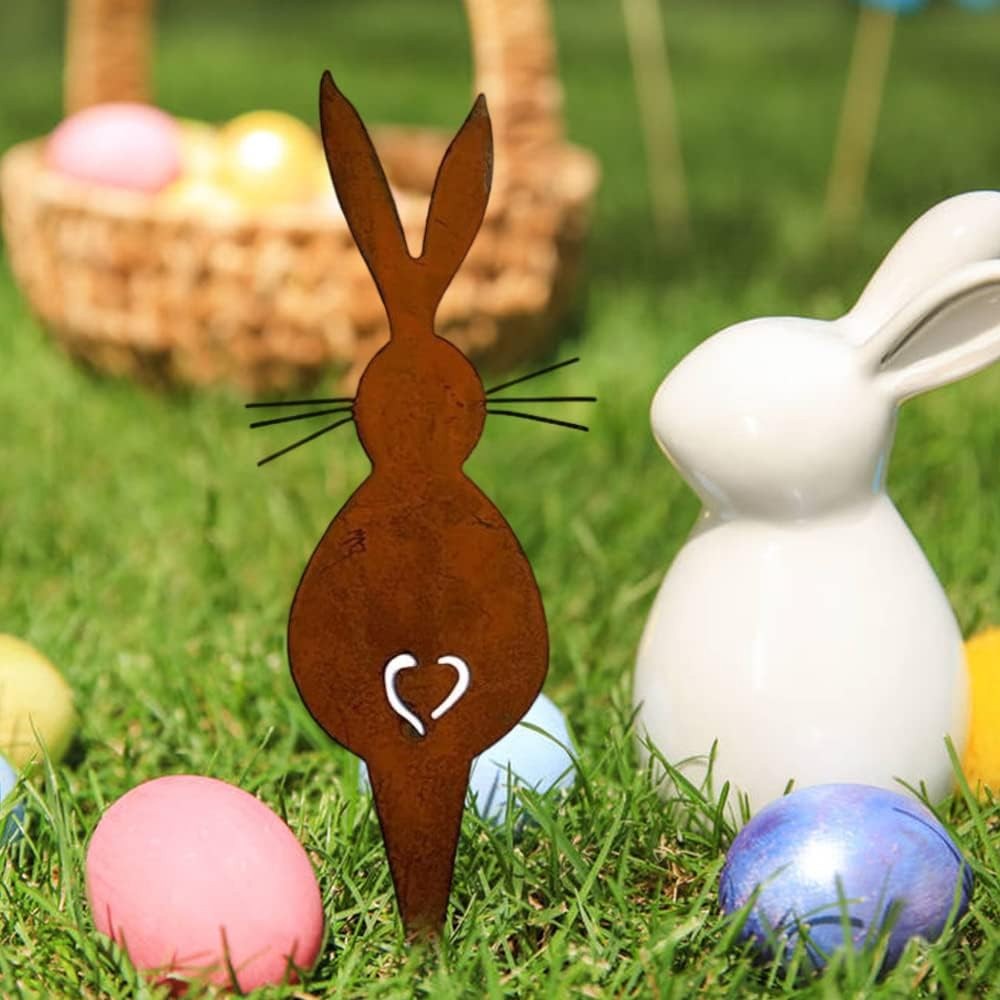 3-Piece Rusty Easter Bunny Ornament Set Yard Metal Stake Garden Art Decor