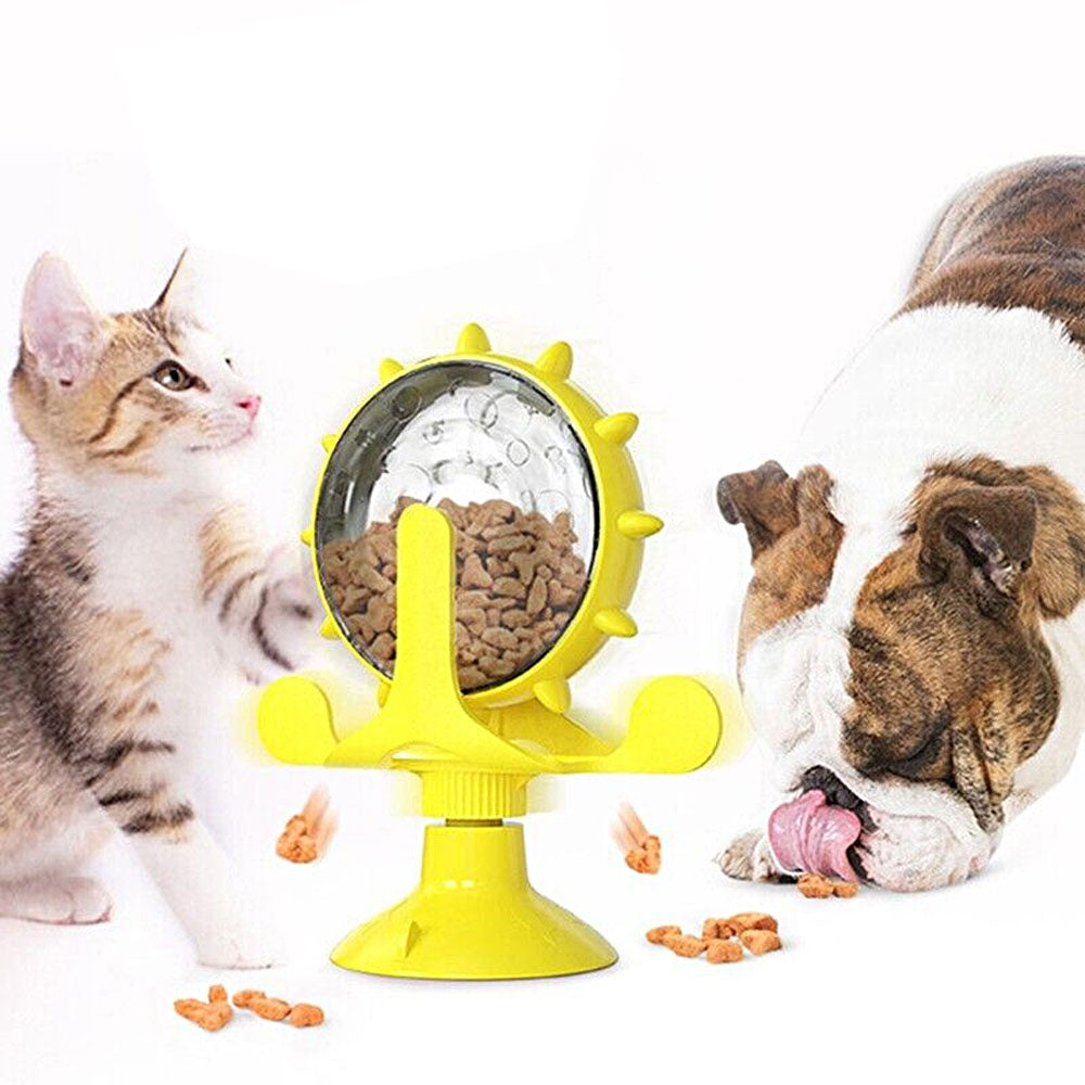 Pet Treats Dispenser 360 Degrees Rotating Windmill Toy Slow Pet Feeder Yellow