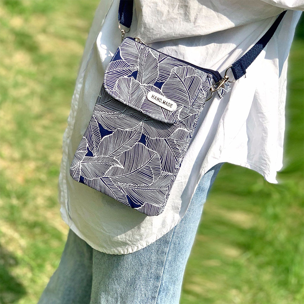5 Layer Leaf Pattern Canvas Cell Phone Wallet Crossbody Bag Royal Blue