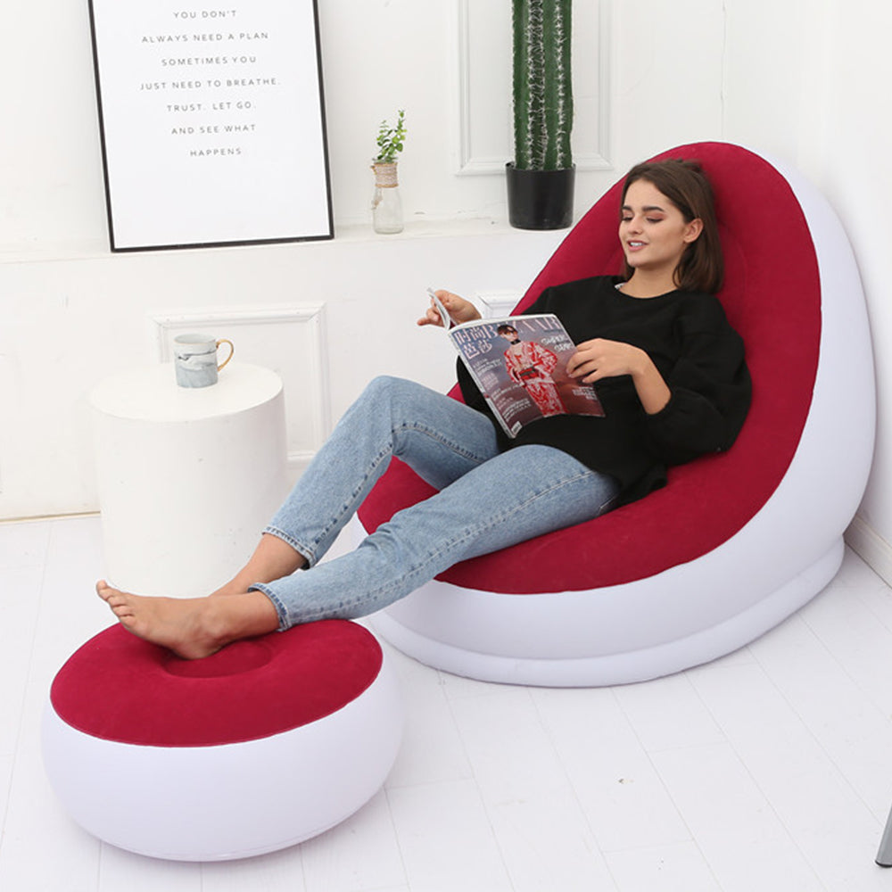 Inflatable Sofa Couch and Footrest Set Flocked Lounge Chair with Ottoman Red