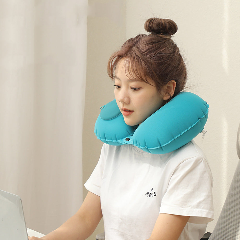 Press Type Inflatable U Shaped Travel Neck Pillow Flight Head Rest Cushion Green
