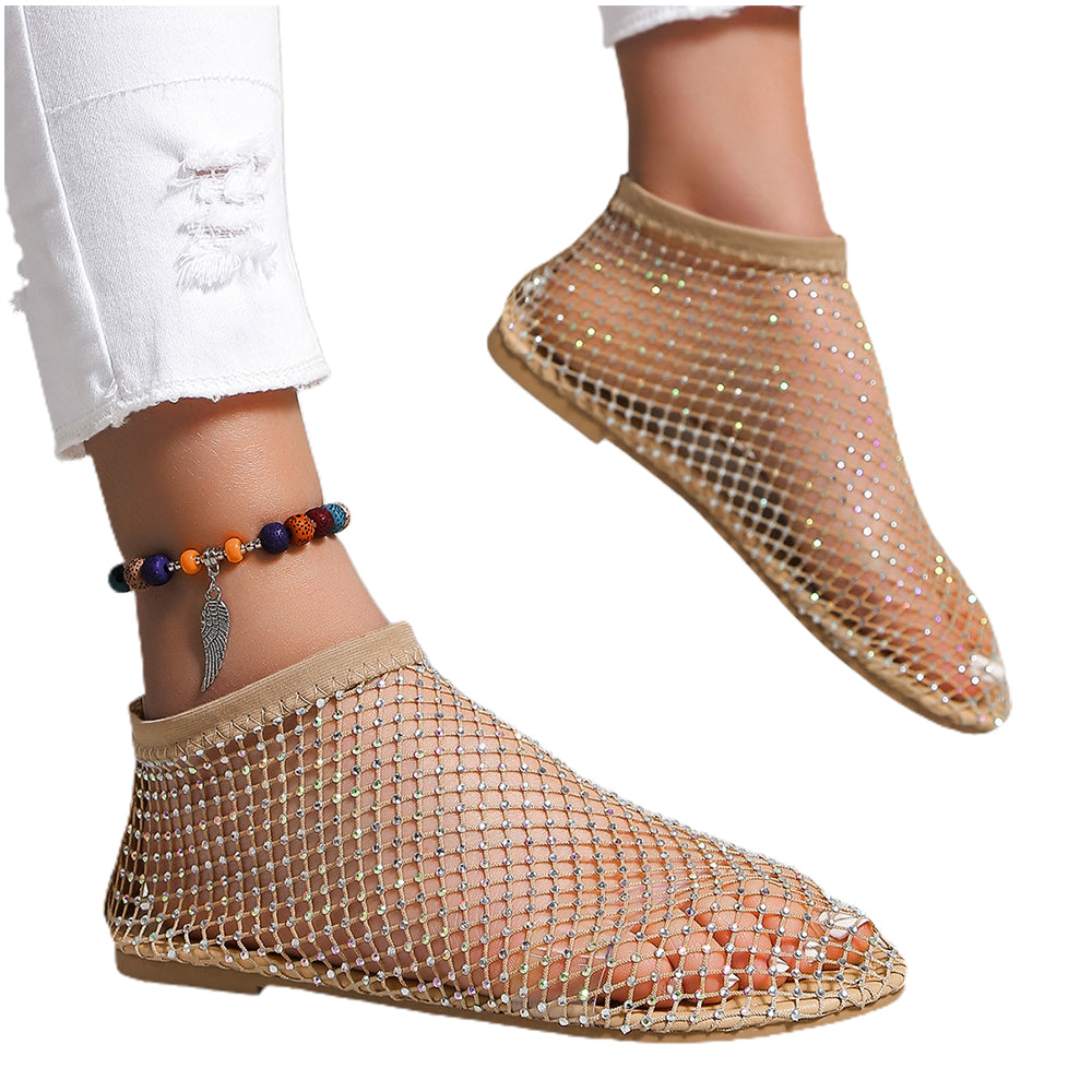 Women's Rhinestone Sandals Mesh Flats Round Toe Sexy Short Boots Champagne NZ8.5