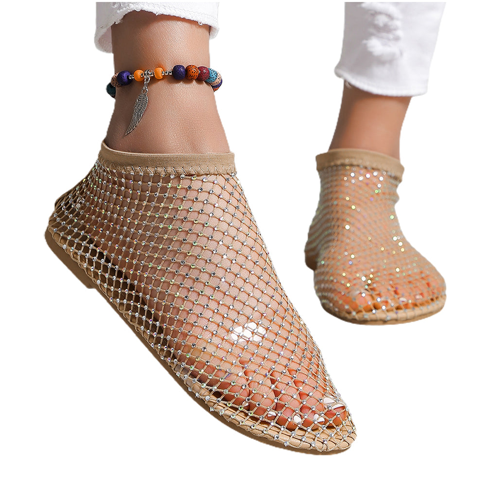 Women's Rhinestone Sandals Mesh Flats Round Toe Sexy Short Boots Champagne NZ8.5