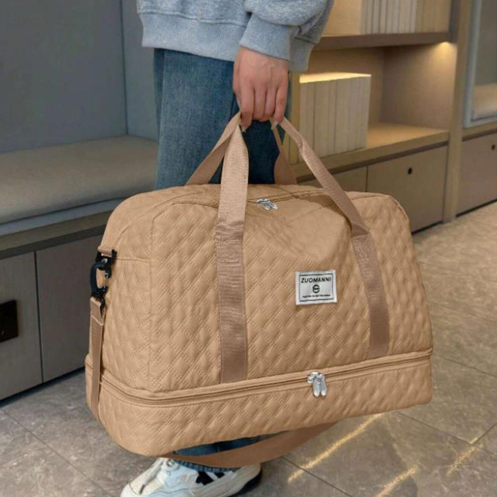 Large Capacity Travel Duffel Bag Versatile Shoe Compartment Tote Bag Khaki