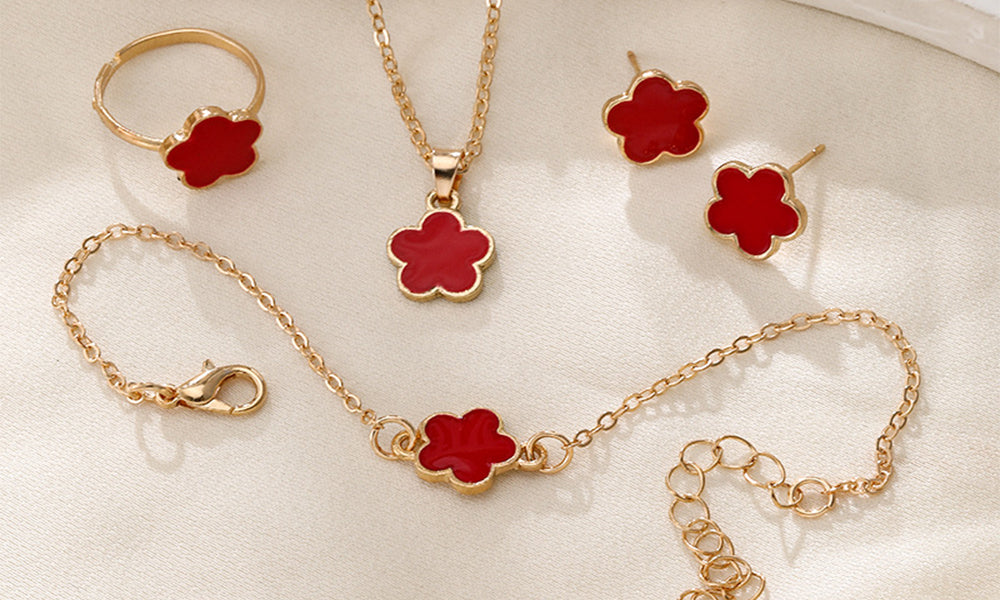 4Pcs Set 5-Leaf Clover Jewelry for Women Ring Necklace Bracelet