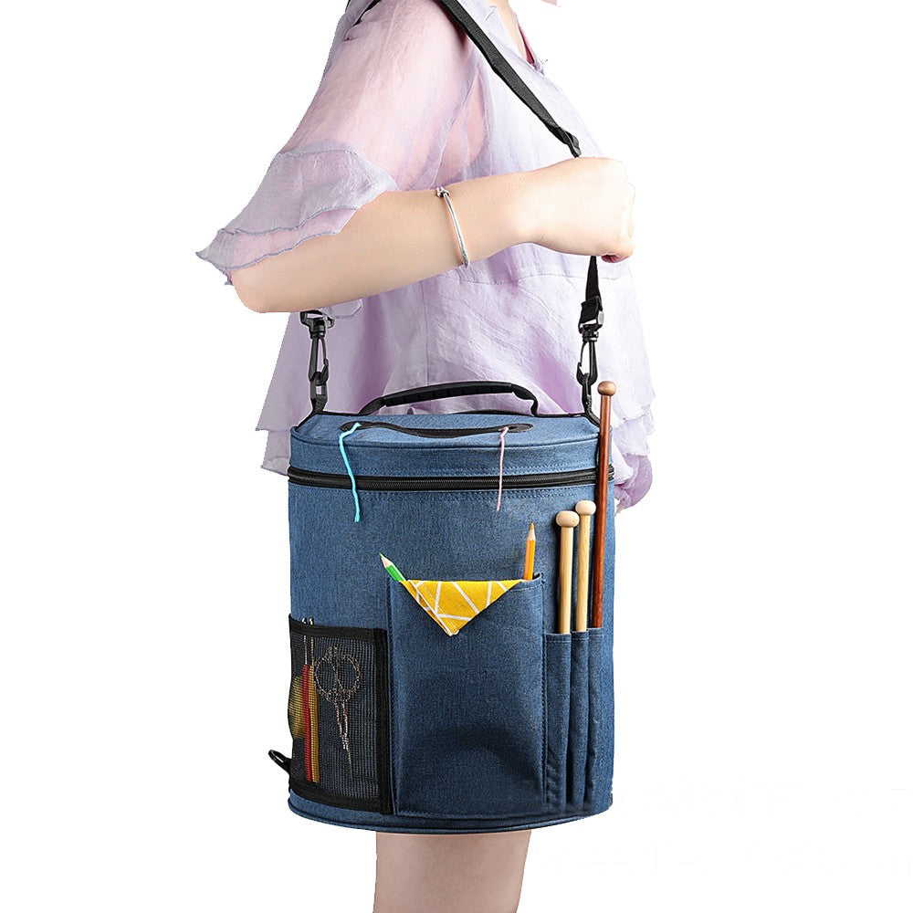 Knitting Bag Yarn Organizer Tote Storage Bag with Shoulder Strap - Blue