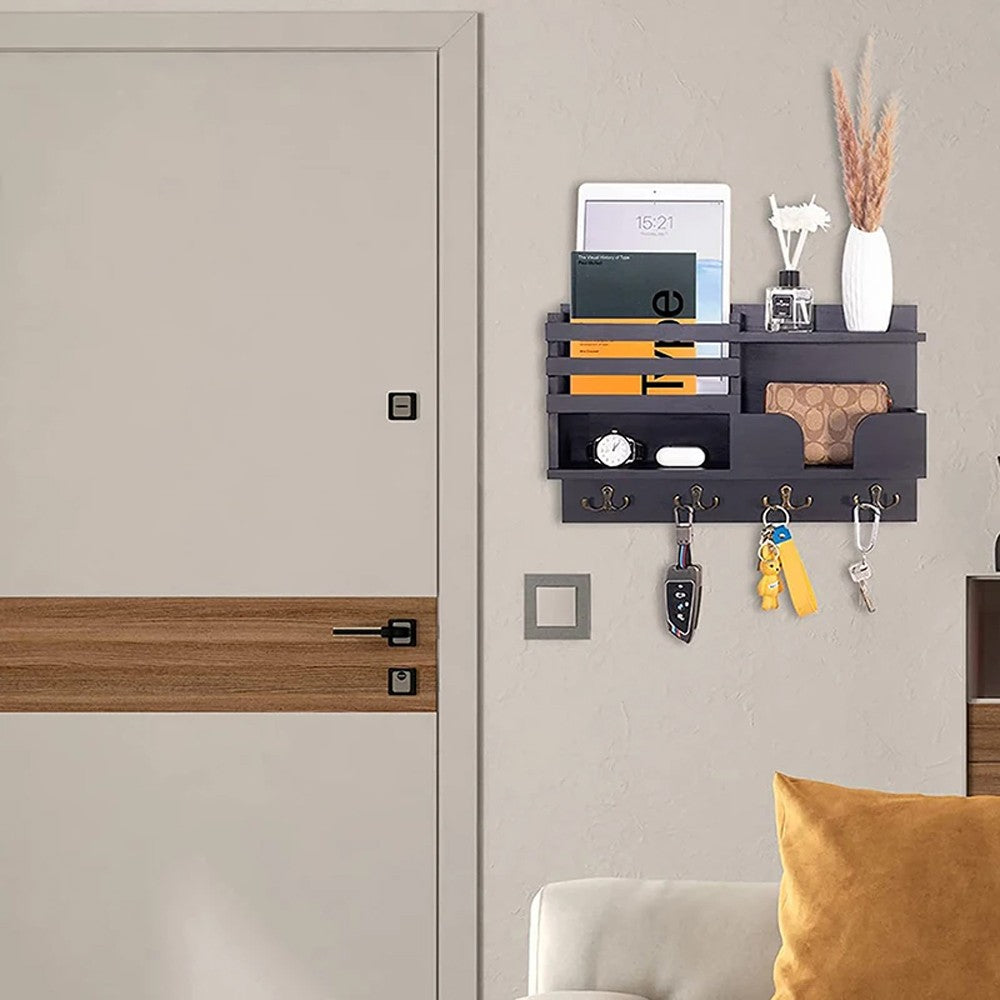 Wall Mounted Key and Mail Holder Entryway Wall Hanging Storage Rack - Black