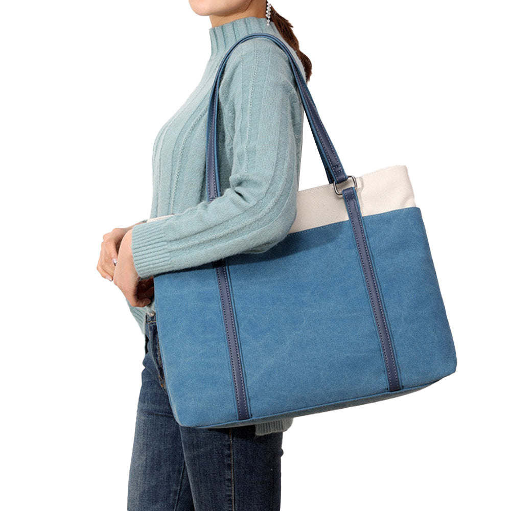 Women Laptop Tote Bag Canvas Handbag 15.6 Inch Work Shoulder Bag - Blue
